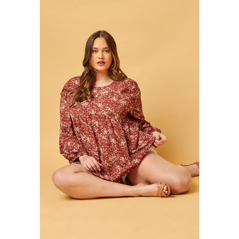 HAYDEN Kristie Plus Burgundy Floral Puff Sleeve Babydoll Top 3XL